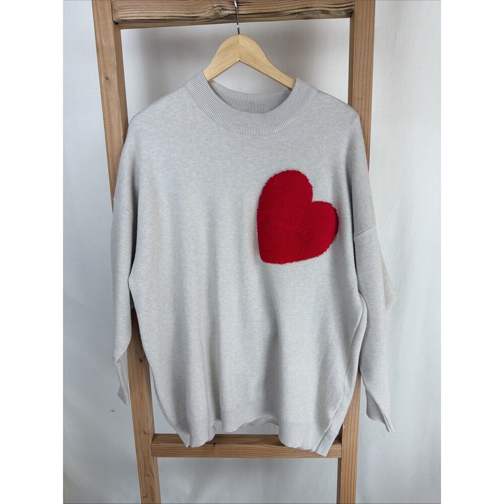 NWT Eternelle Beige w/Red Heart Crew Neck Drop Sleeve Sweater #0938 Size S/M